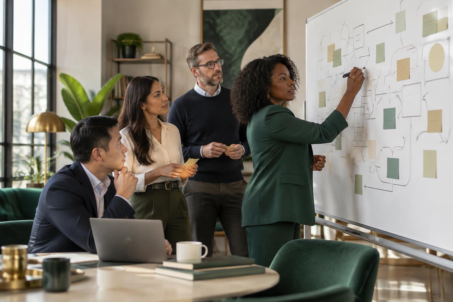 A diverse team collaboratively shaping direction work